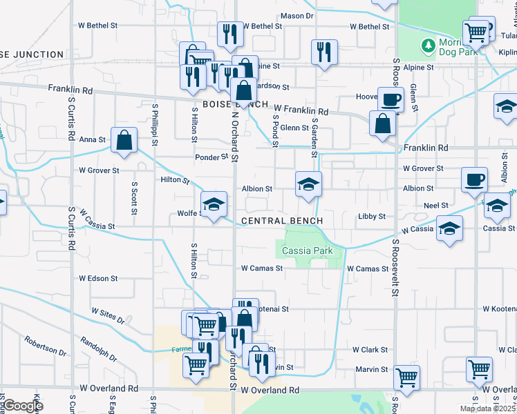 map of restaurants, bars, coffee shops, grocery stores, and more near 4900 Cassia Street in Boise