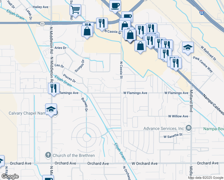 map of restaurants, bars, coffee shops, grocery stores, and more near 1845 West Flamingo Avenue in Nampa