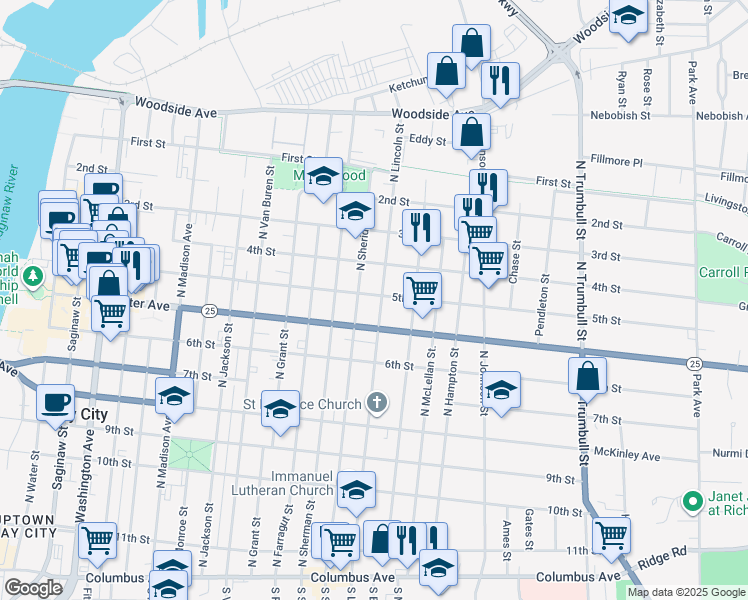 map of restaurants, bars, coffee shops, grocery stores, and more near 1401 Center Avenue in Bay City