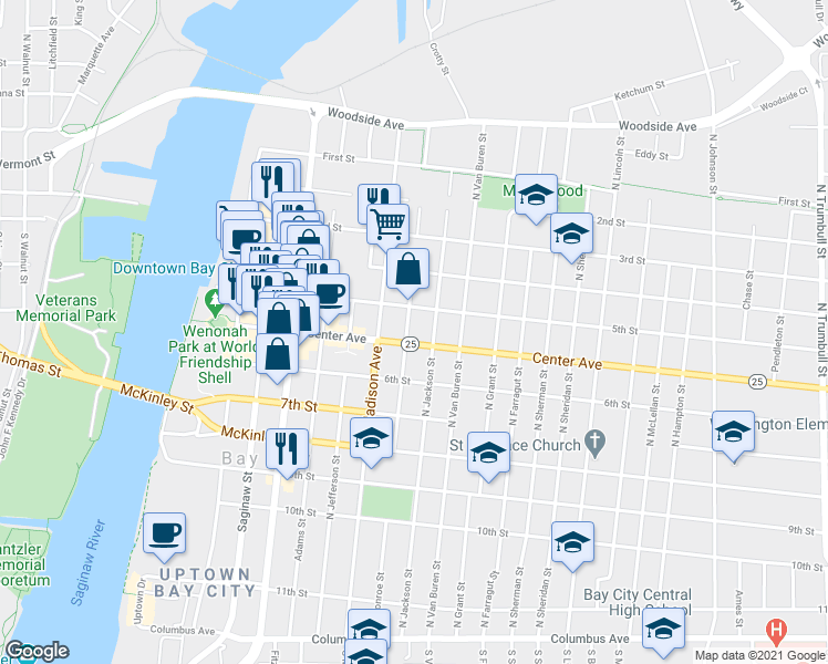 map of restaurants, bars, coffee shops, grocery stores, and more near 702 Center Avenue in Bay City
