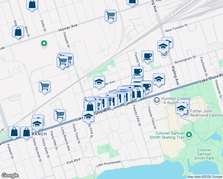 map of restaurants, bars, coffee shops, grocery stores, and more near 48 Daisy Avenue in Toronto