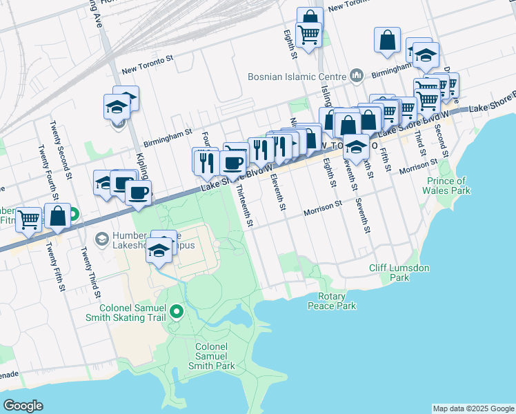 map of restaurants, bars, coffee shops, grocery stores, and more near 88 Twelfth Street in Toronto