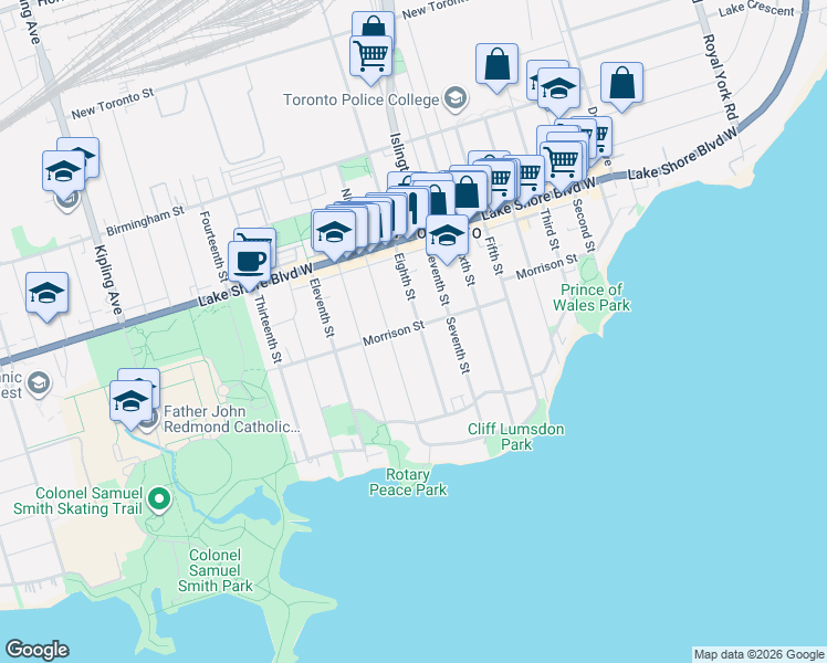 map of restaurants, bars, coffee shops, grocery stores, and more near 70 Eighth Street in Toronto