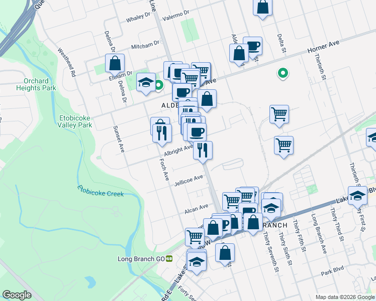 map of restaurants, bars, coffee shops, grocery stores, and more near 9 Albright Avenue in Toronto
