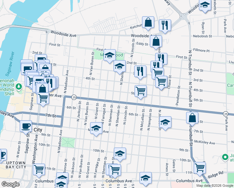 map of restaurants, bars, coffee shops, grocery stores, and more near 1213 Center Avenue in Bay City