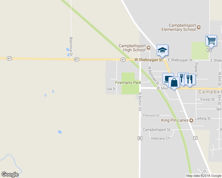 map of restaurants, bars, coffee shops, grocery stores, and more near 419 Oak Street in Campbellsport