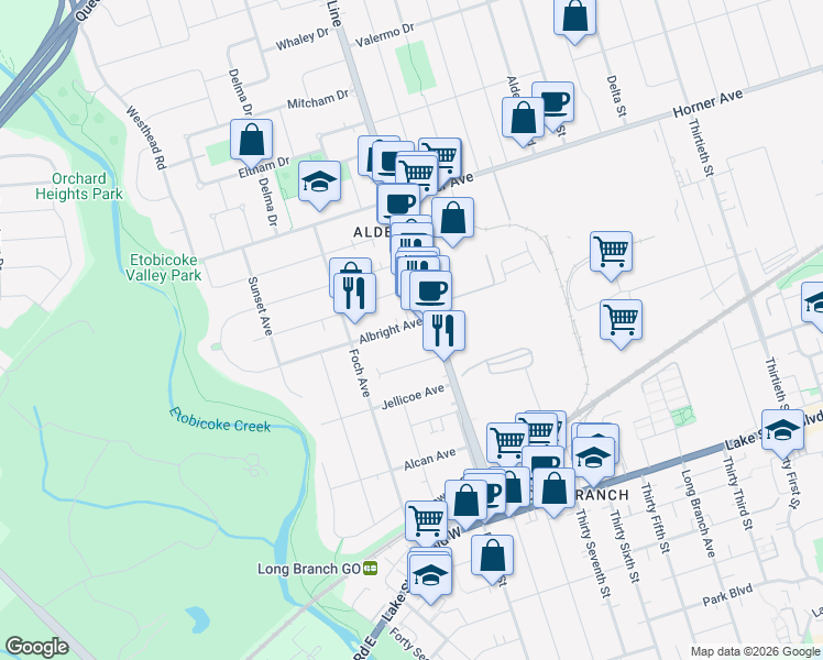 map of restaurants, bars, coffee shops, grocery stores, and more near 9 Albright Avenue in Toronto