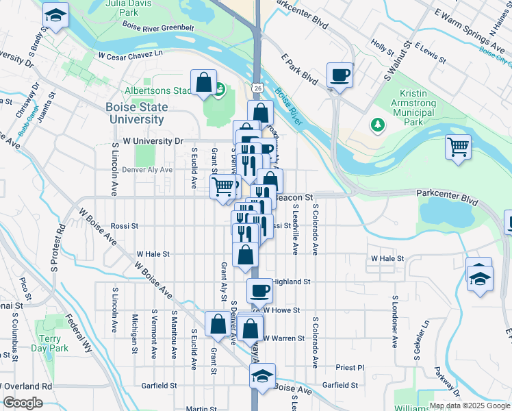map of restaurants, bars, coffee shops, grocery stores, and more near 1222 Broadway Avenue in Boise