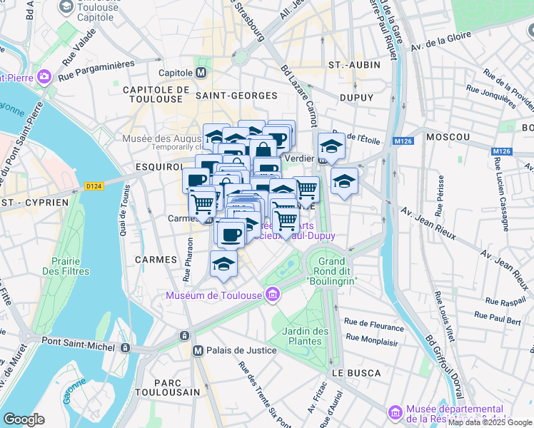 map of restaurants, bars, coffee shops, grocery stores, and more near 0 Rue Ninau in Toulouse