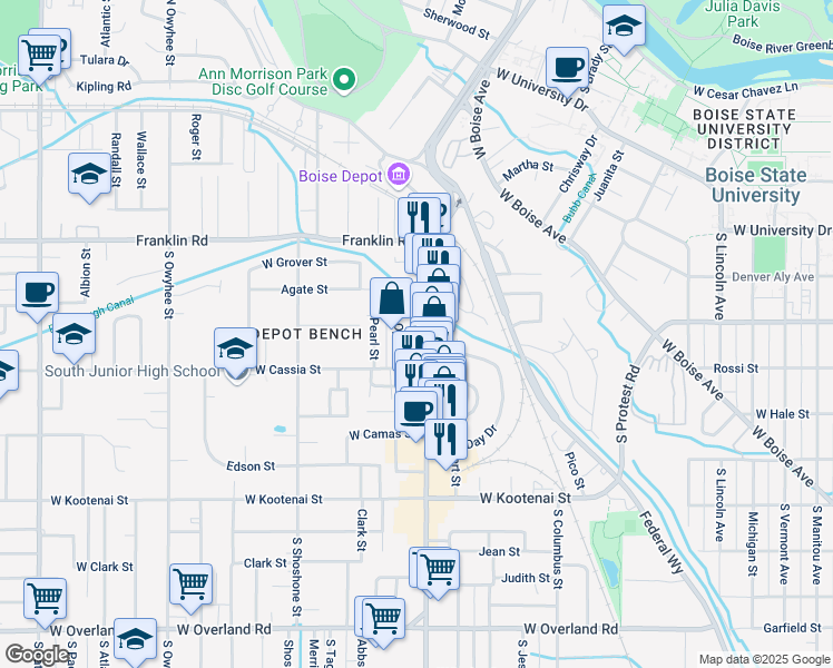 map of restaurants, bars, coffee shops, grocery stores, and more near 725 South Vista Avenue in Boise