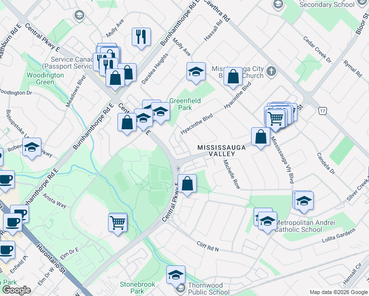 map of restaurants, bars, coffee shops, grocery stores, and more near 405 Hyacinthe Boulevard in Mississauga