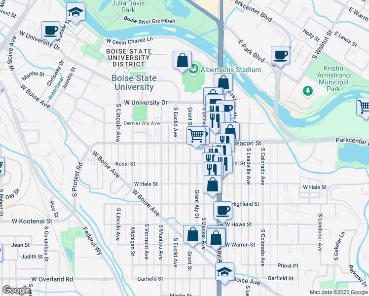 map of restaurants, bars, coffee shops, grocery stores, and more near 1228 South Grant Avenue in Boise