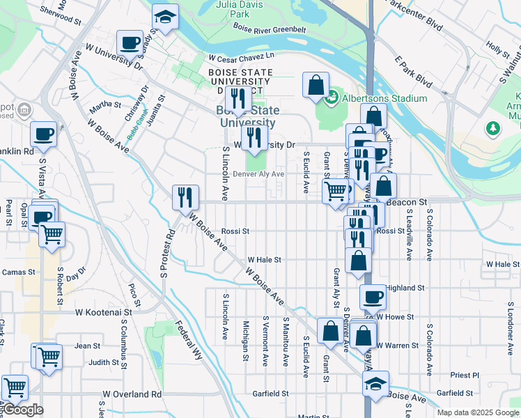 map of restaurants, bars, coffee shops, grocery stores, and more near 1514 Rossi Street in Boise