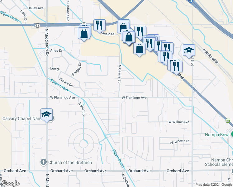 map of restaurants, bars, coffee shops, grocery stores, and more near 1845 West Flamingo Avenue in Nampa