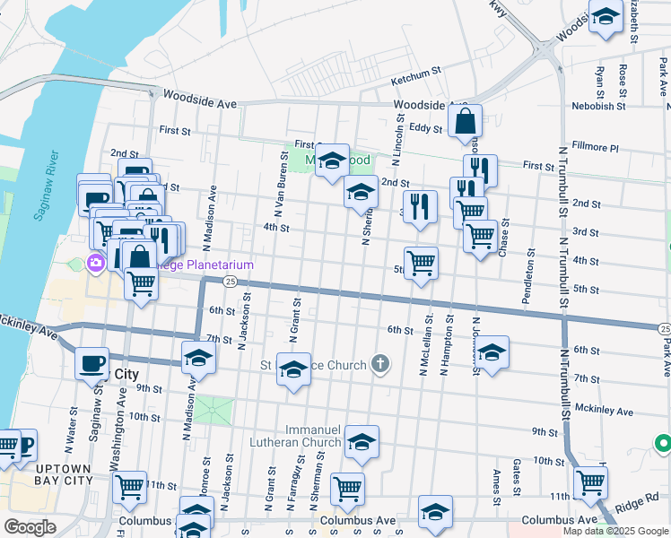 map of restaurants, bars, coffee shops, grocery stores, and more near 1113 Center Avenue in Bay City