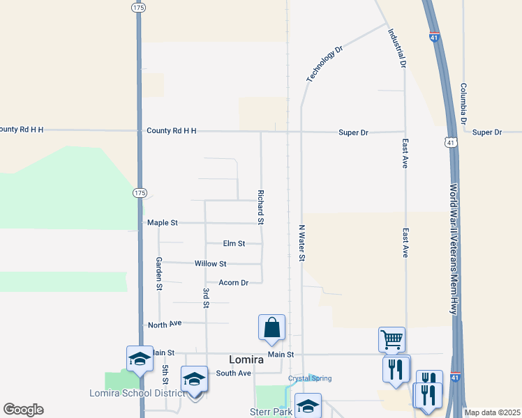 map of restaurants, bars, coffee shops, grocery stores, and more near 935 Maple Street in Lomira