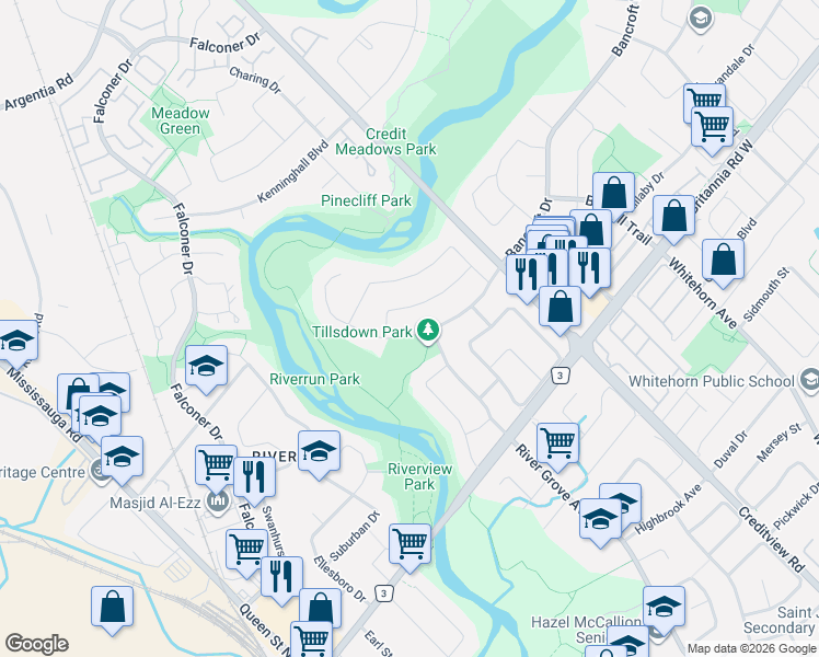 map of restaurants, bars, coffee shops, grocery stores, and more near 1615 Sir Monty's Drive in Mississauga
