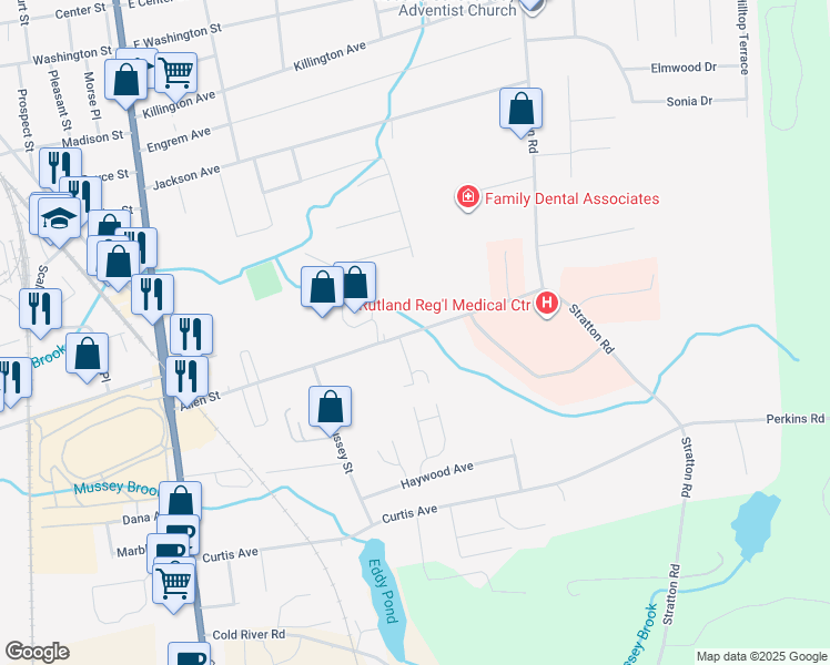 map of restaurants, bars, coffee shops, grocery stores, and more near 69 Allen Street in Rutland
