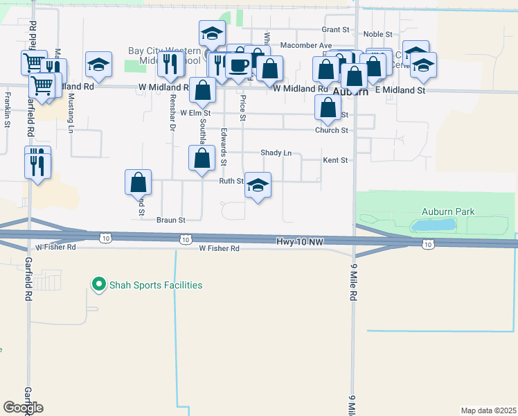 map of restaurants, bars, coffee shops, grocery stores, and more near 303 Ruth Street in Auburn