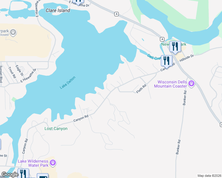map of restaurants, bars, coffee shops, grocery stores, and more near 1140 Canyon Road in Wisconsin Dells
