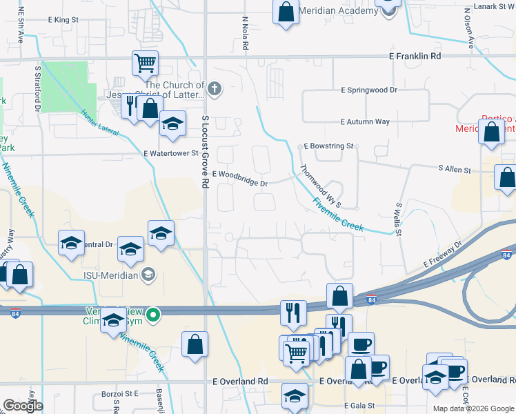 map of restaurants, bars, coffee shops, grocery stores, and more near 1852 East Pegram Street in Meridian