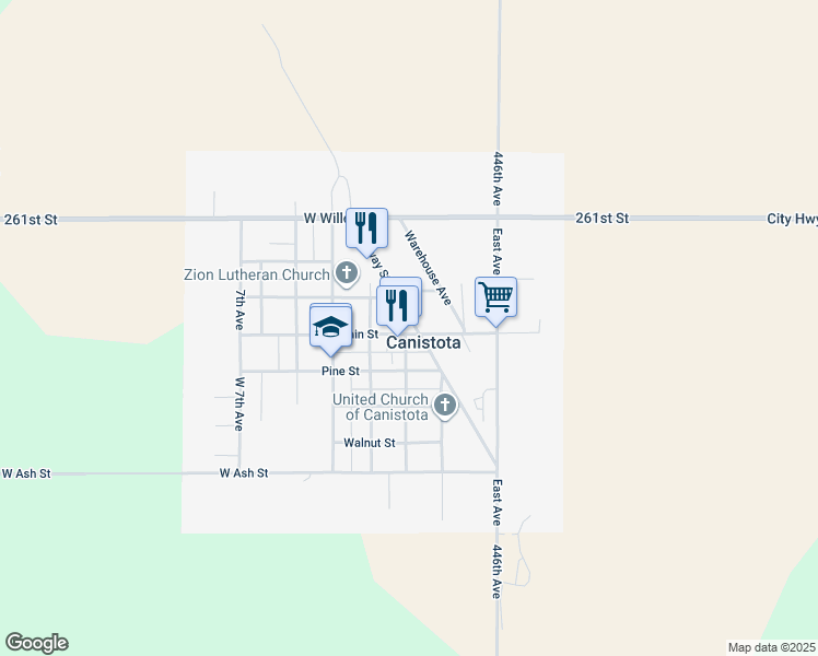 map of restaurants, bars, coffee shops, grocery stores, and more near 421 2nd Avenue in Canistota