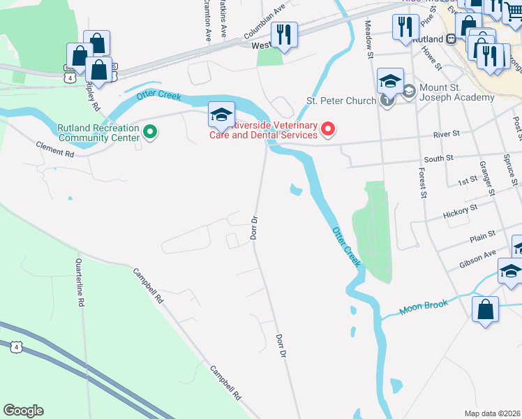 map of restaurants, bars, coffee shops, grocery stores, and more near 146 Dorr Drive in Rutland