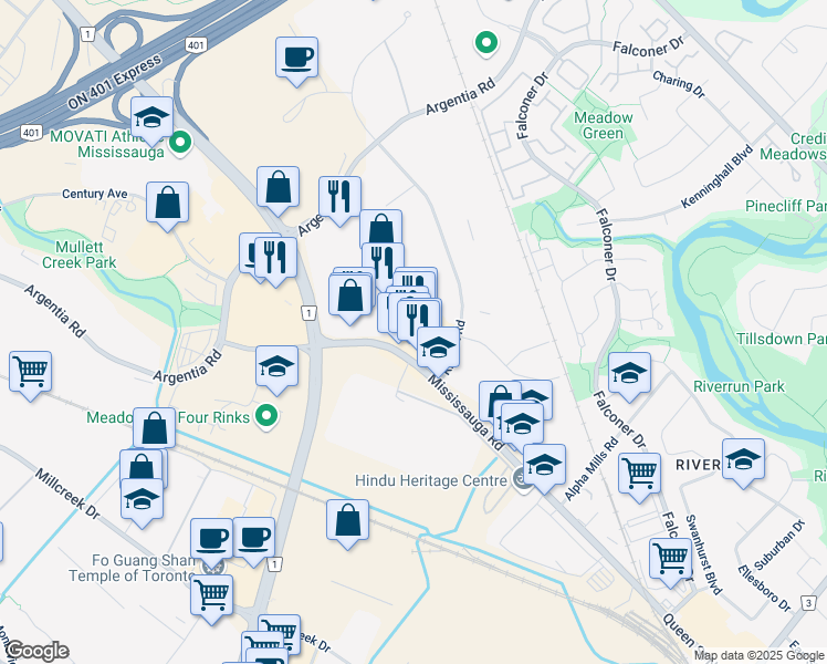 map of restaurants, bars, coffee shops, grocery stores, and more near 6485 Mississauga Road in Mississauga