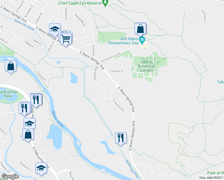 map of restaurants, bars, coffee shops, grocery stores, and more near 2205 East Walling Drive in Boise
