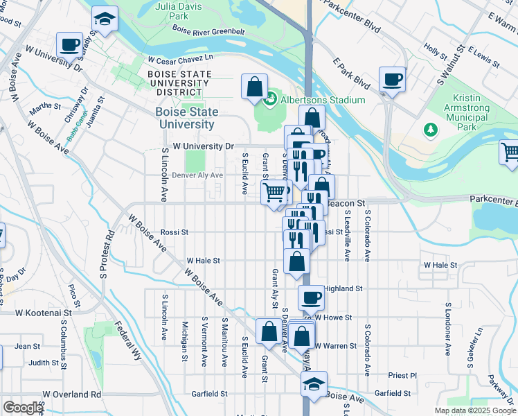 map of restaurants, bars, coffee shops, grocery stores, and more near 1228 South Grant Avenue in Boise