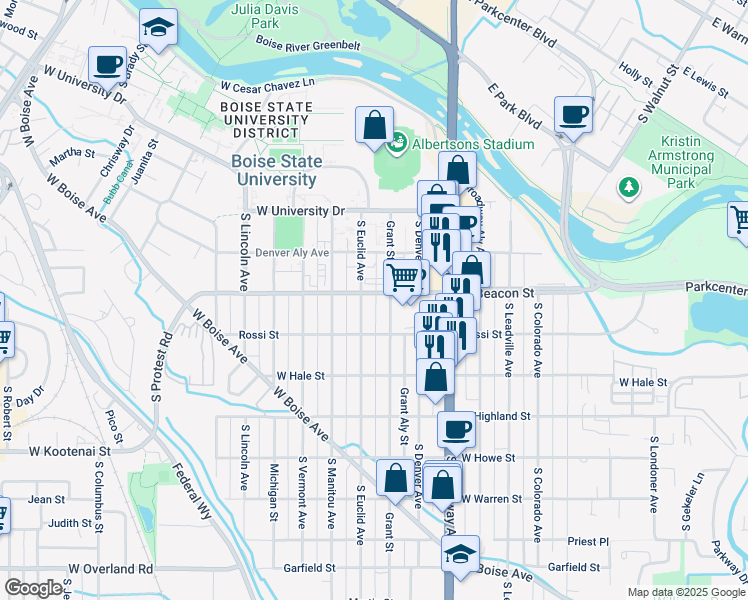 map of restaurants, bars, coffee shops, grocery stores, and more near 1221 South Euclid Avenue in Boise