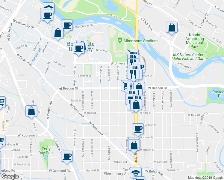 map of restaurants, bars, coffee shops, grocery stores, and more near 1221 South Euclid Avenue in Boise