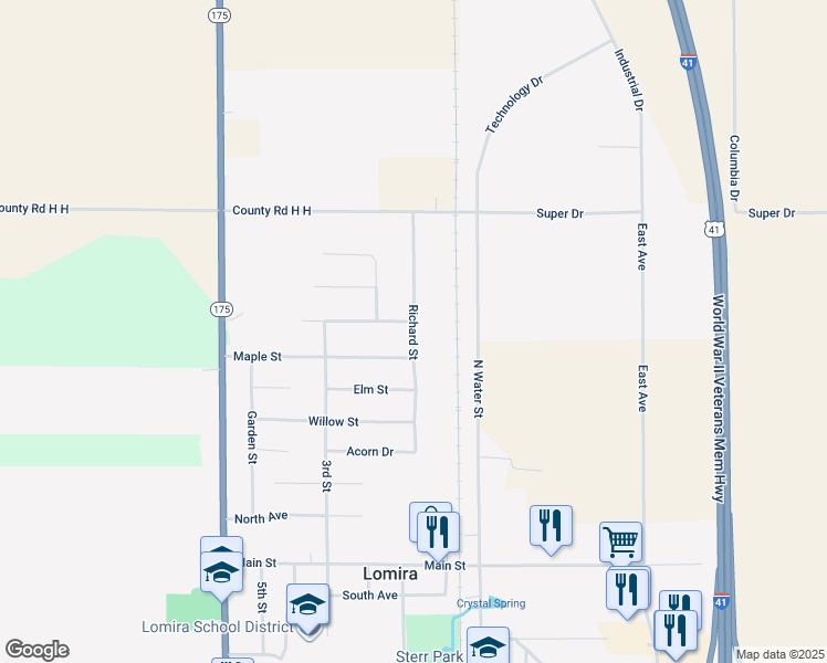map of restaurants, bars, coffee shops, grocery stores, and more near 935 Maple Street in Lomira