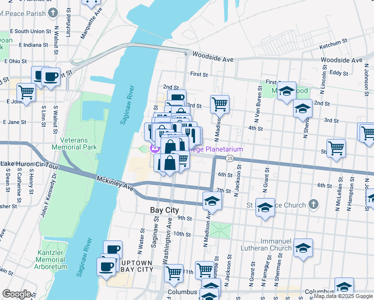 map of restaurants, bars, coffee shops, grocery stores, and more near 710 Washington Avenue in Bay City
