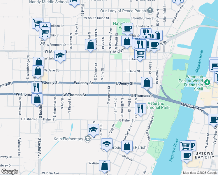 map of restaurants, bars, coffee shops, grocery stores, and more near 412 South Wenona Street in Bay City