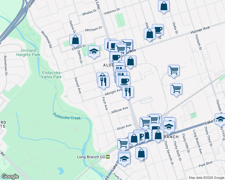 map of restaurants, bars, coffee shops, grocery stores, and more near 22 Albright Avenue in Toronto