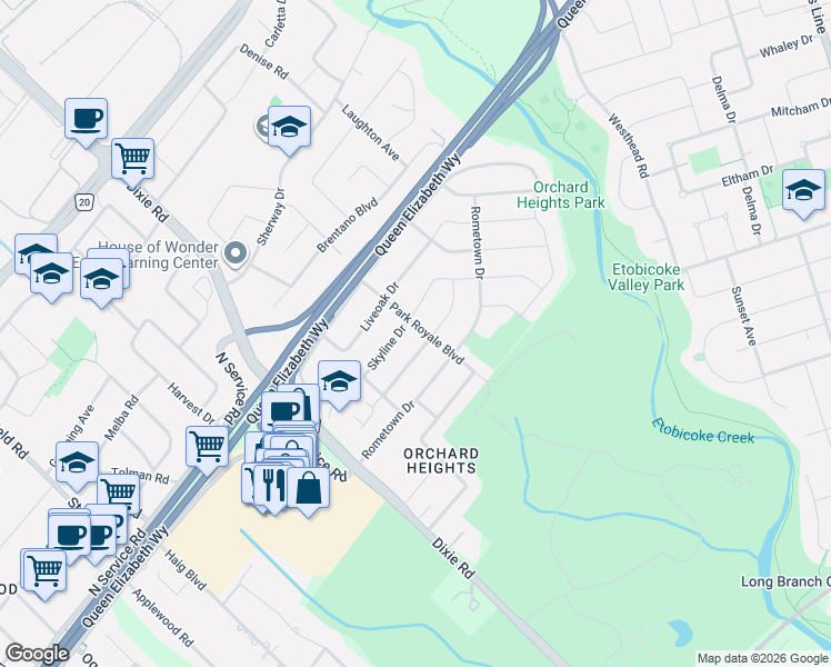 map of restaurants, bars, coffee shops, grocery stores, and more near 1570 Park Royale Boulevard in Mississauga