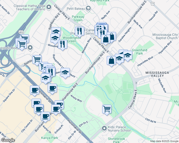 map of restaurants, bars, coffee shops, grocery stores, and more near 202 Burnhamthorpe Road East in Mississauga