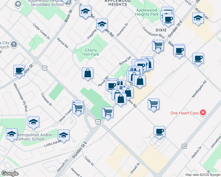 map of restaurants, bars, coffee shops, grocery stores, and more near 3038 Haines Road in Mississauga