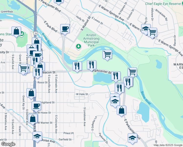map of restaurants, bars, coffee shops, grocery stores, and more near 144 Parkcenter Boulevard in Boise