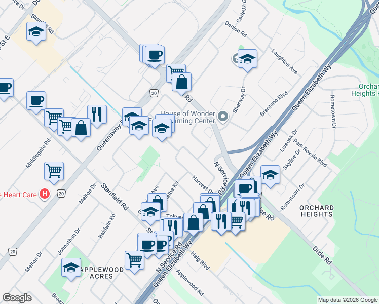 map of restaurants, bars, coffee shops, grocery stores, and more near 2110 Courtland Crescent in Mississauga