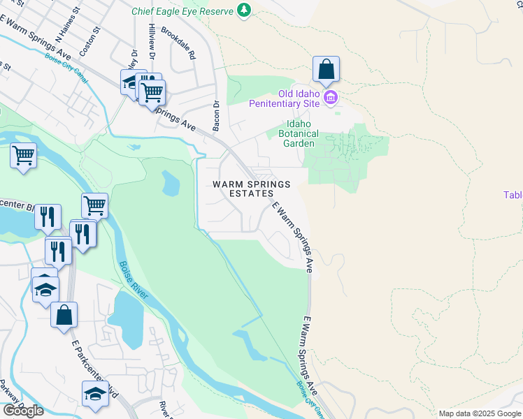 map of restaurants, bars, coffee shops, grocery stores, and more near 2237 East Warm Springs Avenue in Boise