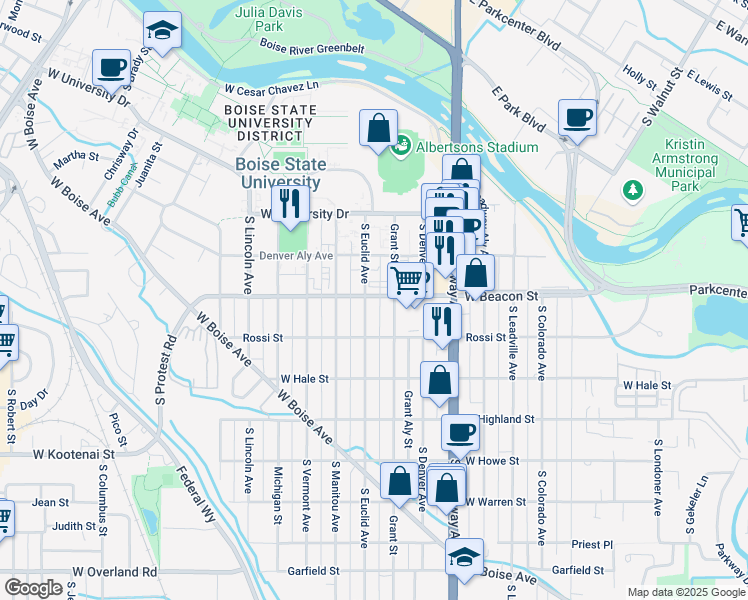 map of restaurants, bars, coffee shops, grocery stores, and more near 1111 South Euclid Avenue in Boise