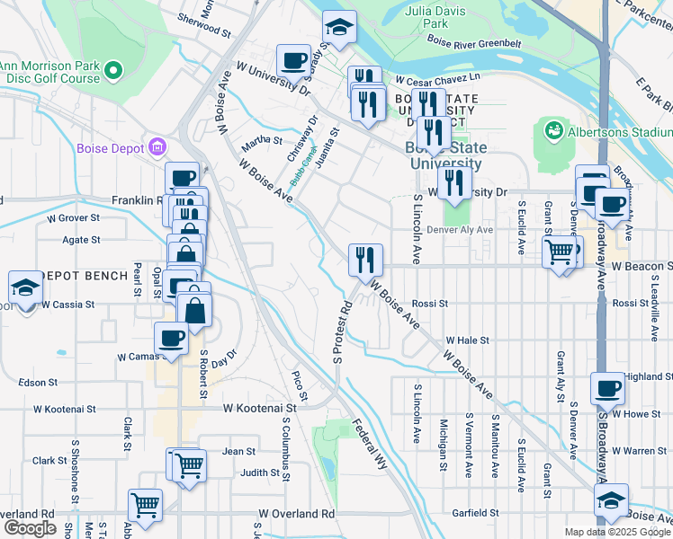 map of restaurants, bars, coffee shops, grocery stores, and more near 1711 Woodbridge Lane in Boise