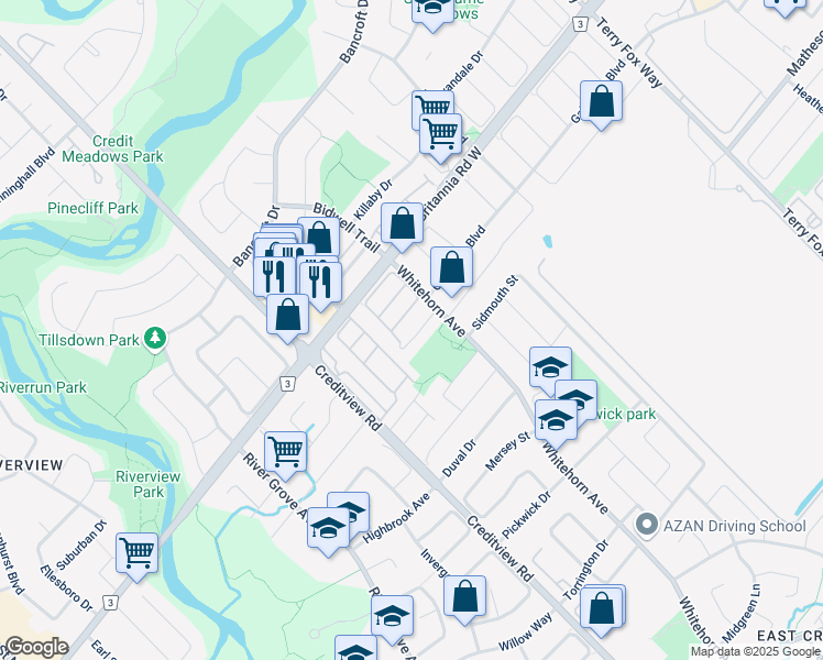 map of restaurants, bars, coffee shops, grocery stores, and more near in Mississauga