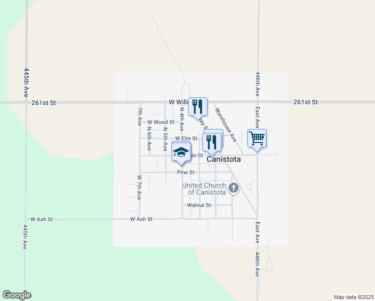 map of restaurants, bars, coffee shops, grocery stores, and more near 301-399 West Elm Street in Canistota