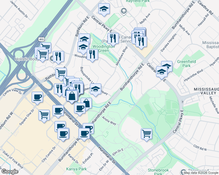 map of restaurants, bars, coffee shops, grocery stores, and more near 4023 Bishopstoke Lane in Mississauga