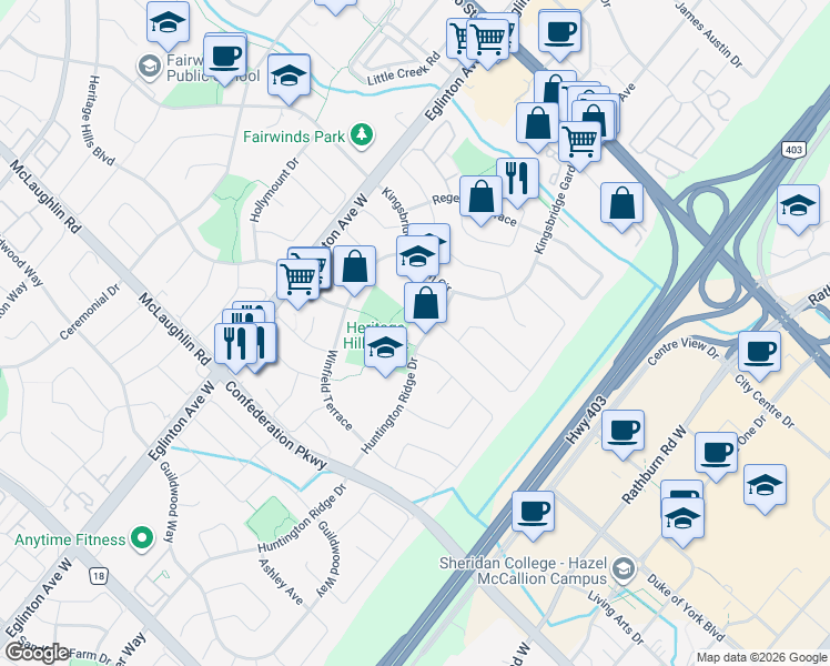 map of restaurants, bars, coffee shops, grocery stores, and more near 277 Huntington Ridge Drive in Mississauga