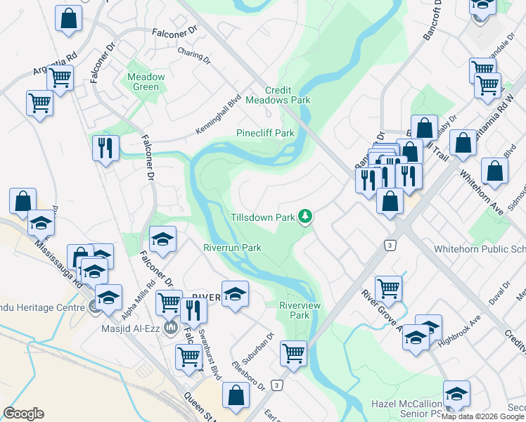 map of restaurants, bars, coffee shops, grocery stores, and more near 1671 Sir Monty's Drive in Mississauga