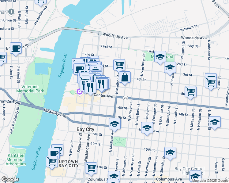 map of restaurants, bars, coffee shops, grocery stores, and more near 515 Center Avenue in Bay City